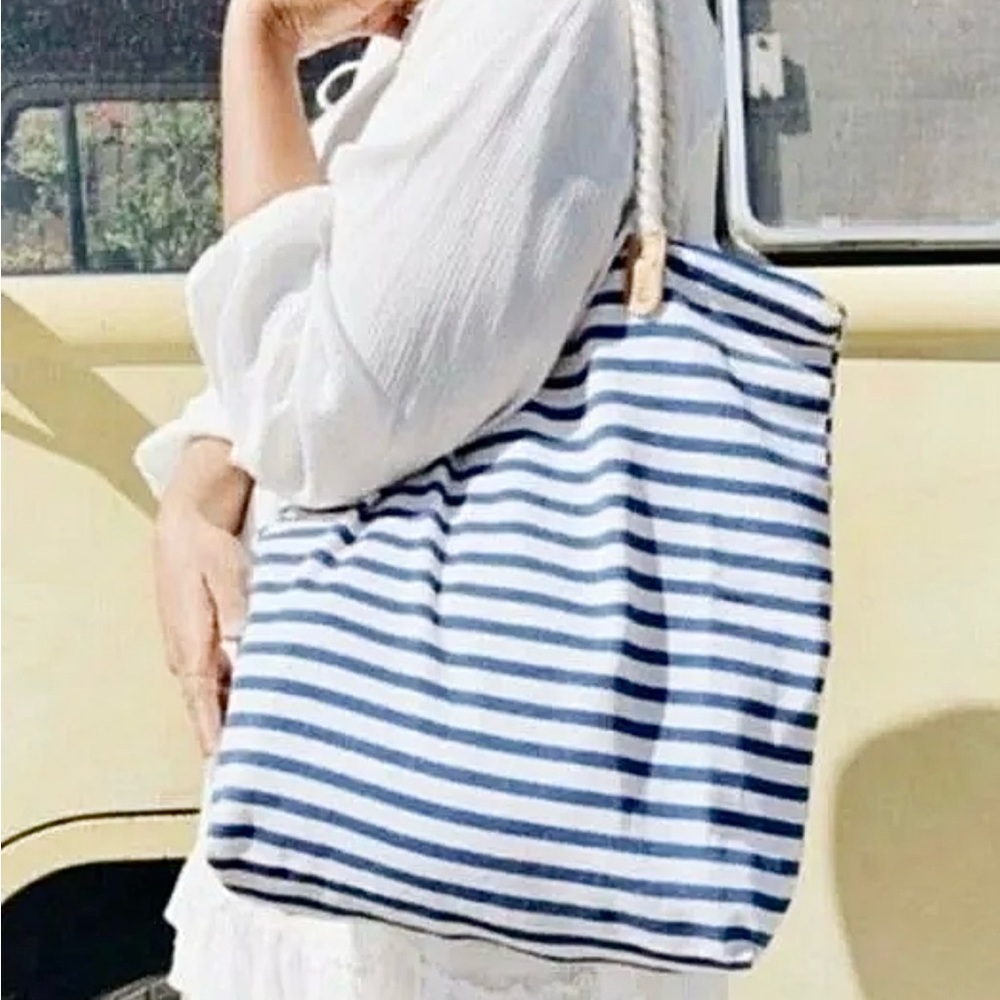 Summer & Rose Brittany Stripe Tote Bag Purse Nautical Rope Handles Canva…